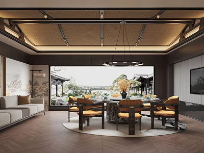 Traditional Chinese Private Dining Room Interior With Round Table Wooden Chairs And Scenic Outdoor View 3d model