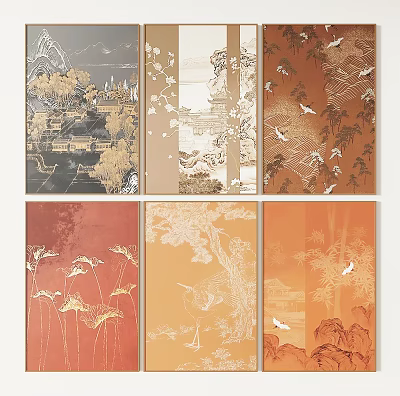 Chinese Traditional Paintings With Mountain Landscapes Birds Bamboo And Flowers For Wall Decor 3d model