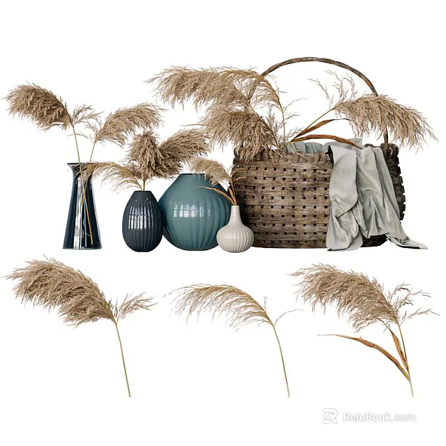 Decorative Ceramic Vases with Dried Pampas Grass and Woven Basket for Home Decor 3d model 