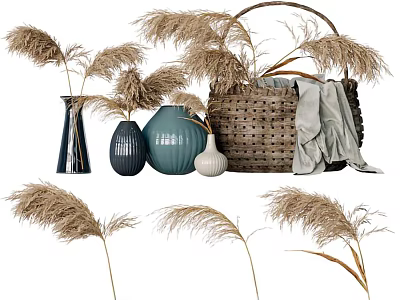Decorative Ceramic Vases with Dried Pampas Grass and Woven Basket for Home Decor 3d model