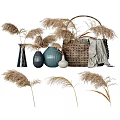 Decorative Ceramic Vases with Dried Pampas Grass and Woven Basket for Home Decor