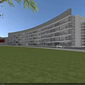 Modern Curved Glass Office Building With Lawn Trees And Roadside Cars Design