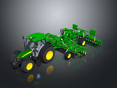 Green Agricultural Tractor With Plowing Equipment Large Yellow Wheels And Farming Tools 3d model