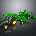 Green Agricultural Tractor With Plowing Equipment Large Yellow Wheels And Farming Tools