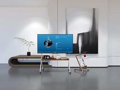 Modern Living Room Smart TV On Wooden Stand With Abstract Art And Green Plant 3d model