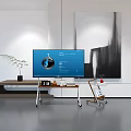 Modern Living Room Smart TV On Wooden Stand With Abstract Art And Green Plant