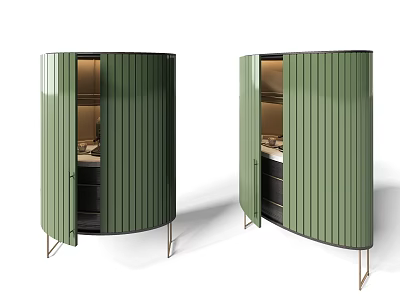 Green Curved Sideboard Featuring Vertical Slats Open Doors Interior Storage and Metal Legs 3d model