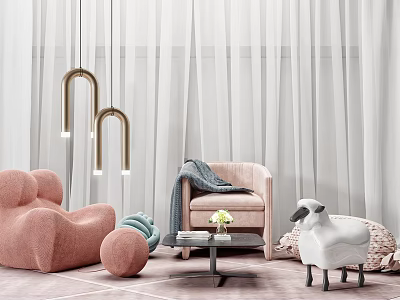 Pink Sofa and Black Coffee Table Set With Gray Throw Blanket Flower and Sheep Decor 3d model