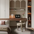 Tatami Bedroom Interior Design With White Cabinets Desk Chair Bookshelf Window Curtains And Rug