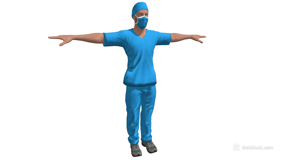 Man in Blue Scrubs Wearing Mask and Cap With Arms Outstretched 3d model 
