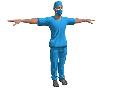 Man in Blue Scrubs Wearing Mask and Cap With Arms Outstretched 3d model