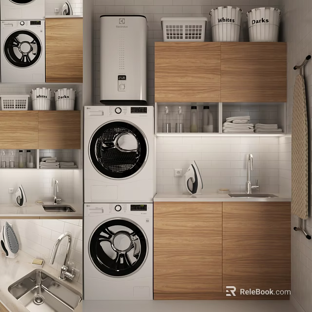 Modern Bathroom Sink With Wooden Cabinets Washing Machine And White Tiled Wall 3d model 