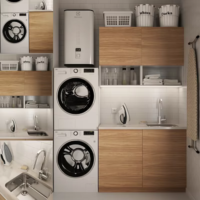 Modern Bathroom Sink With Wooden Cabinets Washing Machine And White Tiled Wall 3d model