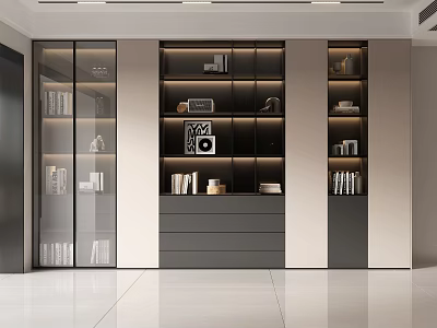 Modern Bookcase Design With Glass Doors Layered Shelves LED Lighting And Decorative Items 3d model