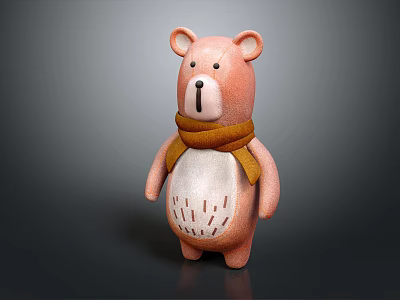 Pink Stuffed Bear Toy With Yellow Scarf White Belly And Dotted Details On Gray Background 3d model