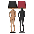 Abstract Black Figurine Floor Lamp With Red Lampshade And Warm Yellow Light