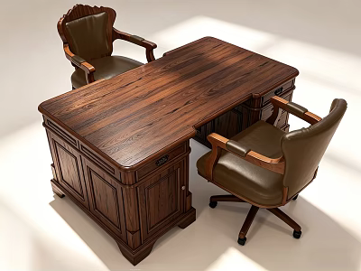 Vintage Wooden Office Desk With Leather Swivel Chairs And Storage Drawers 3d model