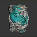 Old Wooden Cart Loaded With White And Teal Worn Fabrics On Dark Background