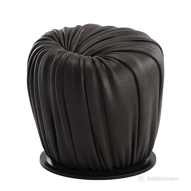 Black Leather Round Stool With Pleated Design And Modern Style 3d model