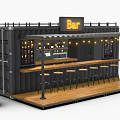 Outdoor Container Bar With Wooden Counter Stools Wine Bottles String Lights And Barrel Decor