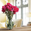 Clear Glass Vase With Fresh Red Roses In Bright Living Room Interior