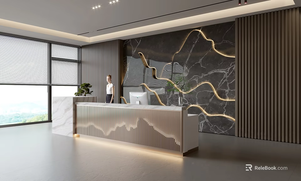 Modern Front Desk Reception Area With Marble Wall Decorative Lighting And Green Plants 3d model 