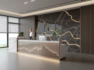 Modern Front Desk Reception Area With Marble Wall Decorative Lighting And Green Plants 3d model