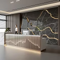 Modern Front Desk Reception Area With Marble Wall Decorative Lighting And Green Plants