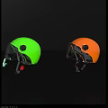 Bright Green Safety Helmet With Clear Visor Black Knob And Red Buckle