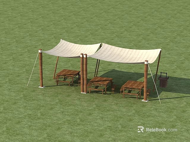 Outdoor Relaxation Space With Green Grass White Canopies Wooden Lounge Chairs And Tables 3d model 