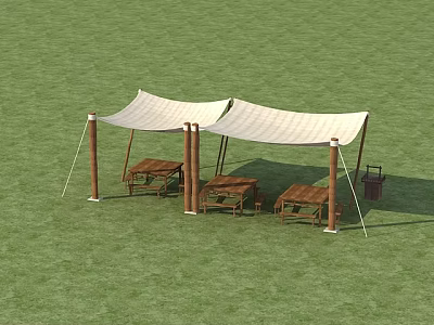 Outdoor Relaxation Space With Green Grass White Canopies Wooden Lounge Chairs And Tables 3d model