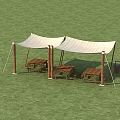 Outdoor Relaxation Space With Green Grass White Canopies Wooden Lounge Chairs And Tables