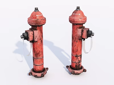 Two Red Fire Hydrants As Fire Safety Equipment With Rusty Details And Valve Connections 3d model
