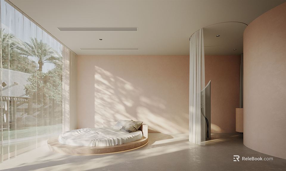 Modern Hotel Room Interior Design With Circular Bed Large Windows Sunlight And Beige Walls 3d model 