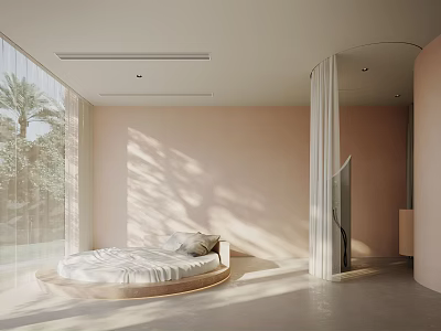 Modern Hotel Room Interior Design With Circular Bed Large Windows Sunlight And Beige Walls 3d model