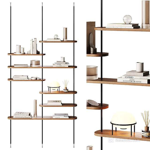Elegant Modern Wooden Etagere with Books Mugs and Decorative Items in Living Room 3d model 