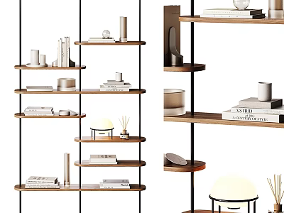 Elegant Modern Wooden Etagere with Books Mugs and Decorative Items in Living Room 3d model