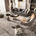 Elegant Modern Sofa and Coffee Table Set with Pillows Armchair and Patterned Rug 3d model
