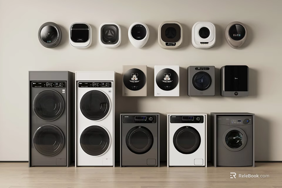 Different Styles And Colors Of Washing Machines Including Vertical And Wall Mounted 3d model 
