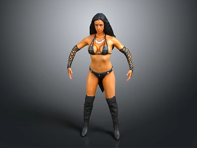 Woman In Black Bikini With Patterned Arm Cuffs And Long Boots Standing Pose 3d model