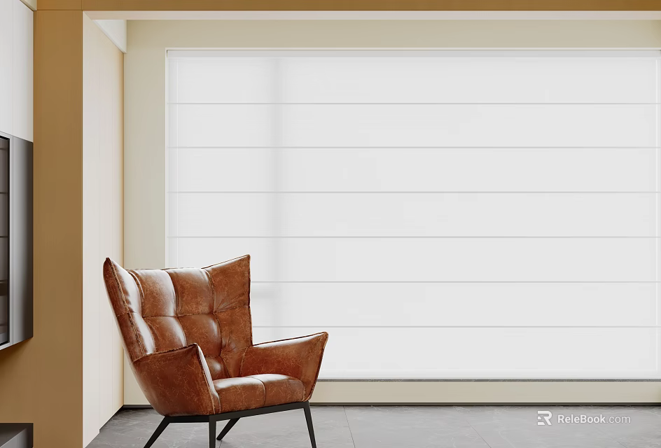 Stylish White Venetian Blinds In Modern Living Room With Brown Leather Armchair 3d model 