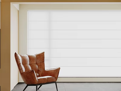 Stylish White Venetian Blinds In Modern Living Room With Brown Leather Armchair 3d model
