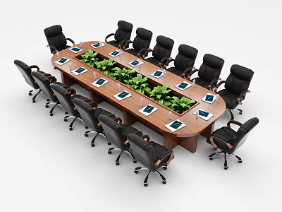 Modern Wooden Conference Table With Black Office Chairs Green Plants And Laptops 3d model