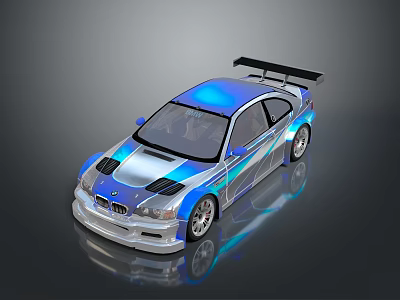 Sleek Blue Silver Racing Car With Rear Spoiler Shiny Exterior And Reflective Surface 3d model