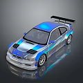 Sleek Blue Silver Racing Car With Rear Spoiler Shiny Exterior And Reflective Surface
