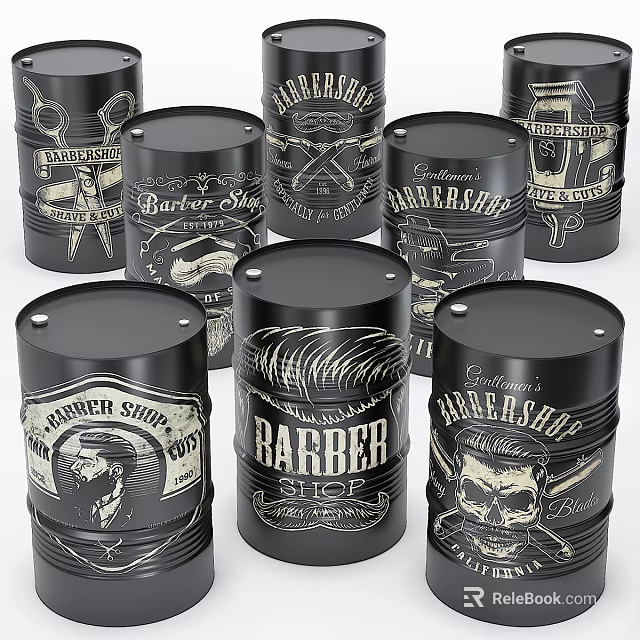Barber Shop Themed Black Storage Tins With Classic Barber Tools And Graphics 3d model 