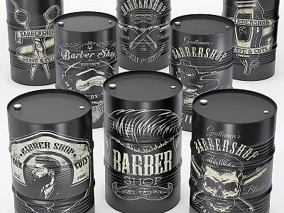 Barber Shop Themed Black Storage Tins With Classic Barber Tools And Graphics 3d model