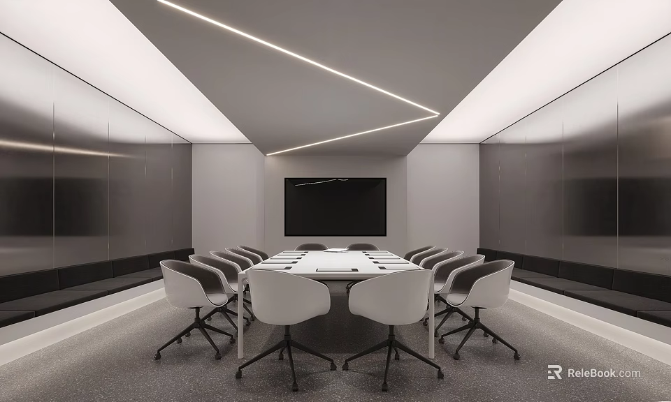 Modern Conference Room Interior With Long Table White Chairs Large Screen And Ceiling Linear Lights 3d model 