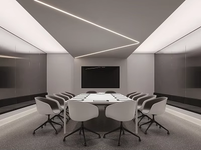 Modern Conference Room Interior With Long Table White Chairs Large Screen And Ceiling Linear Lights 3d model