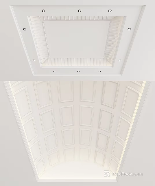 Modern White Ceiling Design with Decorative Lines Recessed Lights and Grid Pattern 3d model